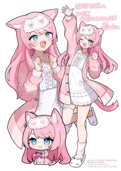 1girl :d ;d animal_ear_fluff animal_ears animal_slippers arm_up artist_name blue_eyes blush cat_ears cat_girl cat_slippers cat_tail chibi closed_mouth commentary_request commission controller dress fang full_body game_controller hairband hands_up highres holding holding_controller holding_game_controller indie_virtual_youtuber jacket long_hair long_sleeves looking_at_viewer machimo nekomachi_momo one_eye_closed open_clothes open_jacket open_mouth pink_hair pink_jacket pink_socks simple_background single_sock skeb_commission slippers smile socks standing standing_on_one_leg tail thigh_strap twitter_username virtual_youtuber watermark white_background white_dress white_hairband white_slippers