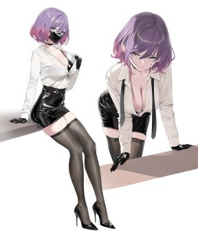 1girl bent_over black_bra black_choker black_gloves black_mask black_skirt black_thighhighs bra breasts business_suit choker cleavage closed_mouth collared_shirt formal_clothes full_body glasses gloves green_eyes high_heels highres large_breasts long_sleeves looking_at_viewer mask mouth_mask multiple_views office_lady original patent_heels pumps purple_hair shirt shirt_tucked_in shoes short_hair simple_background skirt smile stiletto_heels suit thighhighs thighs underwear white_background white_shirt yd_(orange_maru) yellow_eyes