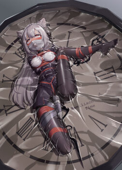 1girl absurdres ahegao analog_clock animal asphyxiation ball_gag bdsm black_pantyhose bondage bound breasts clock corset crotch_rope dress female_focus gag gagged highres hitachi_magic_wand long_hair mask medium_breasts mouth_mask original pantyhose pleated_skirt red_eyes restrained sex_toy shibari shibari_over_clothes skirt solo surgical_mask vacuum_bed vibrator white_hair xiongmao