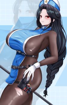 1girl absurdres black_hair blue_tabard bodystocking bodysuit braid braided_ponytail breasts brown_bodysuit earrings gloves goddess_of_victory:_nikke hat highres holding holding_mace holding_weapon ice_flower jewelry kuro_hopper long_hair looking_at_viewer mace maiden_(ice_rose)_(nikke) maiden_(nikke) official_alternate_costume red_eyes smile solo tabard torn_bodystocking torn_clothes very_long_hair weapon white_gloves