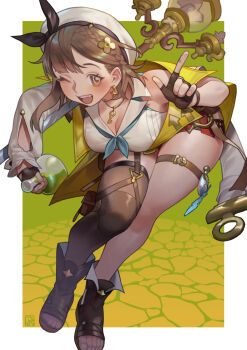1girl atelier_(series) atelier_ryza atelier_ryza_2 bent_over beret braid breasts brown_eyes brown_gloves brown_hair cleavage collared_shirt fingerless_gloves flask gloves gradient_background green_background hat highres holding holding_flask holding_weapon index_finger_raised jacket jewelry key key_necklace lamppost large_breasts leaning_forward leather leather_gloves looking_at_viewer necklace off_shoulder one_eye_closed open_mouth poch4n potion reisalin_stout round-bottom_flask shirt short_shorts shorts single_thighhigh sleeveless sleeveless_shirt smile thigh_strap thighhighs thighs toeless_footwear toes vial weapon white_headwear white_shirt yellow_jacket