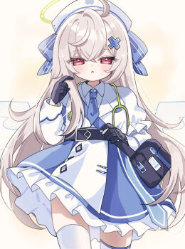 1girl bag beatrixa_(stella_sora) black_gloves blue_bow blue_necktie blue_skirt blush bow brown_hair collared_shirt commentary_request frilled_skirt frills gloves hair_between_eyes hair_ornament half_gloves halo hand_up hat highres jacket layered_sleeves long_hair long_sleeves necktie ni_kiro nurse_cap parted_lips puffy_short_sleeves puffy_sleeves red_eyes shirt short_over_long_sleeves short_sleeves shoulder_bag skirt small_sweatdrop solo stella_sora stethoscope_around_neck striped_bow sweat thighhighs very_long_hair white_hat white_jacket white_shirt white_thighhighs x_hair_ornament
