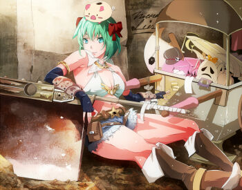 1girl axe belt belt_buckle belt_pouch bikini bikini_top_only black_gloves black_hat blue_eyes blue_shorts boots breasts brown_belt brown_boots buckle newsboy_cap cevoy cleavage closed_mouth commentary english_commentary fingerless_gloves foot_out_of_frame fur-trimmed_shorts fur_trim gloves green_hair hat holding holding_axe huge_weapon large_breasts looking_at_viewer piglet pouch pullcart ragnarok_online rideword_(ragnarok_online) savage_babe short_hair short_shorts shorts sitting smile solo star_(symbol) swimsuit vambraces weapon whisper_(ragnarok_online) white_bikini whitesmith_(ragnarok_online)