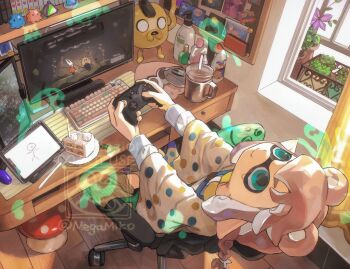 1girl braid brown_hair cake cake_slice chair closed_mouth commentary commission computer_keyboard controller cup desk food game_controller gaming_chair green_eyes hair_ears highres holding holding_controller holding_game_controller indoors inkling inkling_girl inkling_player_character long_hair long_sleeves miko_(15476997) monitor nintendo on_chair plate playing_games pointy_ears polka_dot polka_dot_shirt print_shirt shirt sidelocks sitting slice_of_life smile solo splat_bomb_(splatoon) splatoon_(series) swivel_chair symbol-only_commentary tentacle_hair watermark white_shirt wide_sleeves