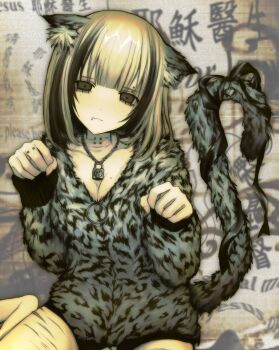 1girl aegyo_sal animal_ears blonde_hair blunt_bangs breasts cat_ears chan8016 cleavage eyebrow_piercing face_piercing finger_piercing fur_jacket gyaru highres jacket jewelry lip_piercing neck_piercing necklace original piercing rokku_gyaru scar self-harm_scar side_labret_piercing tail