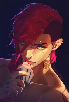 1girl arcane:_league_of_legends arcane_vi asymmetrical_hair cupcake denimcatfish earrings eating eyebrow_cut face_piercing food hand_wraps implied_yuri jewelry league_of_legends licking looking_at_viewer multiple_earrings neck_tattoo nose_piercing piercing red_hair sexually_suggestive sidecut solo sweat tattoo tongue tongue_out topless_female undercut vi_(league_of_legends)