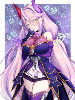 Rule 34 | 1girl, absurdres, asymmetrical horns, breasts, cleavage, commentary request, dress, duel masters, duel masters play's, floral background, geimudou, gloves, gold trim, grey hair, hair between eyes, hair ornament, highres, horns, large breasts, long hair, low twintails, nero gryphis (duel masters), one eye closed, purple claws, purple dress, purple gloves, purple horns, purple thighhighs, red horns, rose background, see-through cleavage, see-through clothes, solo, thighhighs, twintails, twitter username, very long hair, yellow eyes