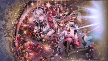 1girl black_boots black_gloves black_panties boots bow breasts carlotta_(wuthering_waves) commentary dress flower gloves grey_hair hair_bow hairband head_rest high_heel_boots high_heels highres jacket long_hair looking_at_viewer medium_breasts panties parted_bangs parted_lips pink_bow pink_flower pink_hairband pink_jacket pink_petals pink_rose pink_thighhighs rose smile solo thigh_boots thighhighs thighhighs_under_boots thighs underwear very_long_hair white_dress wu_yu_wuyu wuthering_waves