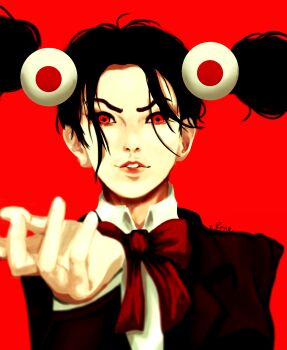 &gt;:) 1girl black_hair black_shirt blouse bow bowtie collar command_&amp;_conquer command_&amp;_conquer:_red_alert command_&amp;_conquer:_red_alert_3 curled_fingers empire_of_the_rising_sun flag_print floating_hair hair_tie highres japanese_flag japanese_flag_print looking_at_viewer nose painterly parted_bangs pink_lips portrait red_bow red_eyes rrrrrorie shirt signature straight-on teeth twintails upper_body upper_teeth_only v-shaped_eyebrows white_collar yuriko_omega