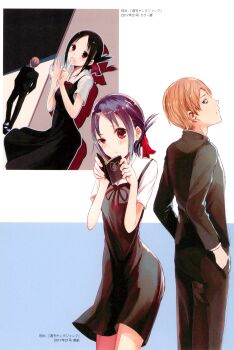 Rule 34 | absurdres, akasaka aka, black dress, black hair, blonde hair, blush, dress, from behind, from side, hair ribbon, half-closed eye, highres, kaguya-sama wa kokurasetai ~tensai-tachi no renai zunousen~, long sleeves, looking at viewer, multiple girls, non-web source, official art, pinafore dress, red eyes, ribbon, school uniform, shinomiya kaguya, shiny eyes, shirogane miyuki, shirt, short dress, short hair, short sleeves, shuuchiin academy school uniform, sleeveless, sleeveless dress, summer uniform, white shirt