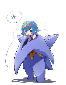 1girl blue_eyes blue_hair blush costume full_body gem gen_1_pokemon hairband highres holding lana_(pokemon) long_legs looking_at_viewer mascot mascot_costume mega_starmie nintendo one-piece_swimsuit open_mouth pokemon pokemon_sm rascal_(feuille) short_hair simple_background sleeveless solo standing starfish starmie sweat swimsuit swimsuit_under_clothes white_background