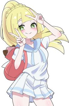 1girl absurdres backpack bag blonde_hair blush closed_mouth commentary_request cowboy_shot double_v eyelashes green_eyes hands_up happy highres jburtenmm26 lillie_(pokemon) long_hair looking_at_viewer nintendo pink_bag pleated_skirt pokemon pokemon_sun_and_moon ponytail shirt short_sleeves skirt smile solo transparent_background v white_shirt white_skirt