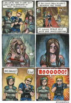 1boy 2girls absurdres albert_wesker artist_name beret black_gloves black_hair blonde_hair blue_hat emphasis_lines fingerless_gloves gloves hand_on_own_hip hashtag-only_commentary hat highres jill_valentine lisa_trevor long_hair multiple_girls resident_evil resident_evil_1 rhiannon_kagoe shoulder_pads speech_bubble sunglasses