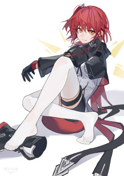 1girl absurdres arknights black_gloves black_jacket black_shorts boots chinese_commentary closed_mouth commentary_request detached_wings energy_wings exusiai_(arknights) exusiai_the_new_covenant_(arknights) gloves hair_between_eyes highres jacket long_sleeves looking_at_viewer medium_hair no_shoes one_side_up open_clothes open_jacket origami42169025 red_hair shirt short_shorts shorts simple_background sitting solo thigh_strap thighhighs unworn_boots white_background white_shirt white_thighhighs wings yellow_eyes yellow_wings