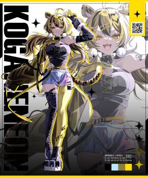 1girl 402_(o0_xxx) :3 ahoge animal_ear_fluff animal_ears arm_up asymmetrical_legwear black_boots black_shirt black_streaks black_thighhighs blonde_hair blue_shorts boots breasts character_name color_guide commentary_request detached_sleeves different_zoom_layer double-parted_bangs fang fang_out fangs full_body highres kogane_neon large_breasts long_hair long_sleeves looking_at_viewer low_twintails mismatched_legwear mismatched_thighhighs multicolored_hair open_mouth pom_pom_(clothes) shirt short_shorts shorts smile standing streaked_hair tail thighhighs tiger_ears tiger_girl tiger_tail twintails v v_over_head valtra virtual_youtuber yellow_eyes yellow_thighhighs zoom_layer