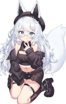 1girl :q absurdres animal_ears bare_shoulders belt black_hat black_jacket black_shirt black_shoes black_shorts blue_eyes breasts brown_socks cleavage_cutout closed_mouth clothing_cutout commission crop_top ears_through_headwear fox_ears fox_girl fox_tail glasses hand_up hat highres hiraga_matsuri jacket jewelry long_hair long_sleeves looking_at_viewer medium_breasts midriff navel necklace off_shoulder open_clothes open_jacket original semi-rimless_eyewear shirt shoes short_shorts shorts simple_background skeb_commission sleeveless sleeveless_shirt smile socks solo stomach tail thigh_strap thighs tongue tongue_out v very_long_hair white-framed_eyewear white_background white_hair