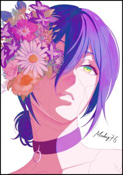 breaking chainsaw_man choker cracked_skin flower green_eyes highres inward_(itwasleo) mccheese medium_hair nose portrait purple_hair reze_(chainsaw_man) twitter_username