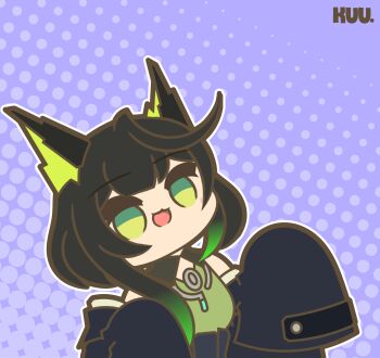 1girl :3 animal_ears animated animated_gif arknights artist_name black_hair black_jacket cat_ears cat_girl green_eyes green_hair highres jacket kuhl-notes mon3tr_(arknights) open_mouth outline purple_background short_hair simple_background sleeves_past_fingers sleeves_past_wrists solo white_outline