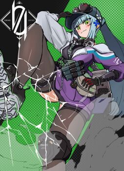 Rule 34 | 1girl, assault rifle, baseball cap, blue hair, bodysuit, commentary request, frilled bodysuit, girls' frontline, girls' frontline 2: exilium, green eyes, gun, hat, highres, hk416 (girls' frontline), jacket, klukai (girls' frontline 2), light smile, multicolored bodysuit, purple jacket, r9k1, rifle, simple background, tattoo, teardrop, teardrop facial mark, teardrop tattoo, thighhighs, two-tone bodysuit, weapon