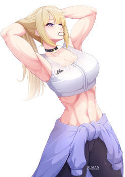 1girl absurdres adjusting_hair alternate_costume armpits arms_up artist_name black_pants blonde_hair blush bra breast_zipper clothes_around_waist cowboy_shot crop_top evelyn_chevalier highres long_hair midriff mole mole_under_eye navel pants pendant_choker purple_eyes septiawan_dms simple_background solo sports_bra sweat twitter_username underwear very_sweaty white_background white_bra zenless_zone_zero