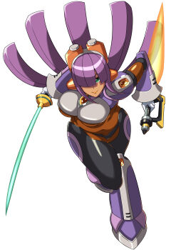 1girl absurdres breasts green_eyes hair_over_one_eye highres kotatuman_dash large_breasts layer_(mega_man) long_hair mega_man_(series) midriff navel purple_hair solo underboob