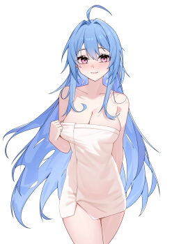 1girl absurdres arm_behind_back azur_lane bare_shoulders blue_hair blush breasts cleavage hair_between_eyes hand_up helena_(azur_lane) helena_(basking_in_the_cypress&#039;_warmth)_(azur_lane) highres long_hair looking_at_viewer medium_breasts naked_towel official_alternate_costume pink_eyes red_eyes smile solo standing thighs towel towel_pull very_long_hair xin_sanmu