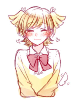 1girl :3 ^_^ akikan_(0272) blonde_hair blush bow bowtie closed_eyes closed_mouth collared_shirt commentary_request cropped_arms cropped_torso daiba_nana drawn_tail facing_viewer hair_ribbon heart motion_lines red_bow red_bowtie ribbon shirt short_hair shoujo_kageki_revue_starlight simple_background smile solo straight-on swept_bangs tail tail_wagging two_side_up upper_body v_arms white_background white_ribbon yellow_shirt