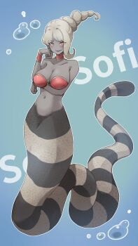 1girl air_bubble arm_across_waist armband bare_shoulders beehive_hairdo bikini bikini_top_only blush breasts brown_hair bubble character_name choker cleavage collarbone commentary_request eel_girl eel_tail fins fish_tail groin hand_on_own_face highres kneeless_mermaid komena_(shinyday312) long_hair looking_at_viewer mermaid monster_girl navel orange_eyes original parted_bangs red_armband red_bikini sidelocks smile swimsuit tail underwater