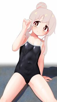 1girl absurdres black_one-piece_swimsuit breasts brown_eyes brown_hair competition_school_swimsuit hair_bun happyundergate highres loli one-piece_swimsuit onii-chan_wa_oshimai! oyama_mahiro school_swimsuit simple_background sitting small_breasts solo swimsuit wet wet_clothes wet_swimsuit white_background