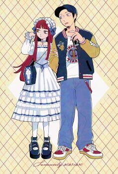 Rule 34 | 1boy, 1girl, alternate costume, argyle background, arm up, baseball cap, black shoes, blue bow, blue pants, blunt bangs, bow, can, choker, city sanzu, commentary, crossbody bag, dress, facial hair, full body, goatee stubble, grabbing another's arm, hand in pocket, hat, highres, holding, holding can, iori junpei, jacket, letterman jacket, lolita fashion, long hair, long sleeves, looking to the side, open clothes, open jacket, pants, persona, persona 3, print shirt, red eyes, red hair, shirt, shoes, short hair, sneakers, stubble, symbol-only commentary, white choker, white dress, white headdress, yoshino chidori