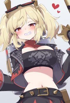 1girl absurdres black_jacket black_skirt black_tube_top blonde_hair breasts burnice_white crop_top eyewear_on_head flamethrower grey_background grin highres holding holding_flamethrower holding_weapon jacket large_breasts looking_at_viewer midriff navel piyo_to_game propane_tank red_eyes short_hair skirt smile solo spiked_belt spiked_jacket stomach strapless sunglasses tube_top twintails upper_body weapon zenless_zone_zero