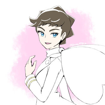 Rule 34 | 1girl, blue eyes, brown hair, coat, commentary request, diantha (pokemon), haru (haru4782), highres, nintendo, open mouth, pink background, pokemon, pokemon xy, short hair, solo, twitter username, two-tone background, upper body, white background, white coat