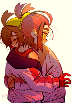 Rule 34 | 2boys, absurdres, ahoge, black hair, blueberry academy school uniform, closed eyes, crossed bangs, crying, crying with eyes open, dual persona, gloves, hairband, highres, hover hand, hug, jacket, kieran (pokemon), long sleeves, loose hair strand, male focus, multicolored hair, multiple boys, nintendo, partially fingerless gloves, pokemon, pokemon sv, ponytail, purple hair, red gloves, red tank top, school uniform, short hair, signature, tank top, tears, thick eyebrows, tisanntisyou, two-tone hair, white jacket, yellow eyes, yellow hairband