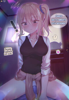 ! 1boy 1girl black_vest blonde_hair blouse blue_scrunchie blush breasts bulge closed_mouth clothes_around_waist collarbone commentary_request dawapat erection erection_under_clothes girl_on_top hair_between_eyes hair_ornament hair_scrunchie hayasaka_ai heart hetero indoors kaguya-sama_wa_kokurasetai_~tensai-tachi_no_renai_zunousen~ long_hair long_sleeves looking_down medium_breasts panties rick_astley screenshot_background screenshot_inset scrunchie shinomiya_kaguya shirt side_ponytail sitting smile spanish_text speech_bubble spoken_exclamation_mark spoken_heart sweater sweater_around_waist traced translated underwear vest white_panties white_shirt