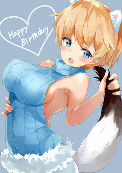 1girl absurdres animal_ears blonde_hair blue_eyes blue_sweater blush brave_witches breasts happy_birthday heart highres holding large_breasts long_hair nikka_edvardine_katajainen nukeke open_mouth pantyhose simple_background solo standing sweater tail weasel_ears weasel_girl weasel_tail white_pantyhose world_witches_series