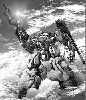 Rule 34 | ben-day dots, blurry, bokeh, cloud, commentary, depth of field, deviantart username, email address, english commentary, gloomflower, greyscale, gun, hentai-foundry username, highres, holding, holding gun, holding weapon, lineart, mecha, mecha focus, missile pod, monochrome, no humans, on rock, original, outdoors, patreon username, robot, science fiction, screentones, shoulder cannon, signature, sky, standing, twitter username, weapon