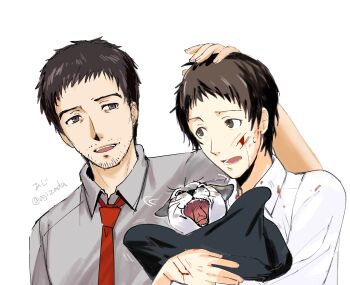 Rule 34 | 2boys, adachi tooru, ajirostudio, animal, beard stubble, blood, blood on clothes, blood on face, brown eyes, brown hair, cat, collared shirt, commentary request, doujima ryoutarou, facial hair, grey shirt, hand on another's head, highres, holding, holding animal, holding cat, injury, looking at another, male focus, multiple boys, necktie, open mouth, persona, persona 4, red necktie, scratches, shirt, short hair, simple background, stubble, upper body, white background, white shirt