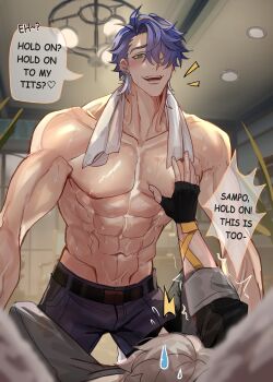 2boys abs absurdres belt black_belt black_gloves blue_hair blue_pants blush caelus_(honkai:_star_rail) collarbone english_text fingerless_gloves gloves green_eyes hair_over_one_eye haze_(ha_ze) highres honkai:_star_rail honkai_(series) male_focus multiple_boys navel nipples pants pectoral_grab pectorals sampo_koski short_hair solo_focus speech_bubble sweat teeth topless_male towel towel_around_neck trailblazer_(honkai:_star_rail) yaoi