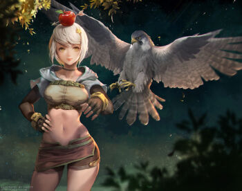 1girl animal apple apple_on_head bird black_neckwear bracer breasts brown_gloves caesty choker closed_mouth collarbone contrapposto cowboy_shot crop_top eagle elbow_gloves eyelashes female_focus fingerless_gloves fingernails food food_on_head fruit fruit_on_head gloves groin hand_on_own_hip hood hood_down hoodie hunter_(ragnarok_online) large_breasts leaf legs_apart lips long_sleeves medium_breasts midriff navel night night_sky object_on_head outdoors petals pink_lips ragnarok_online short_hair short_shorts shorts sky smile solo standing star_(sky) starry_sky tree white_hair yellow_eyes