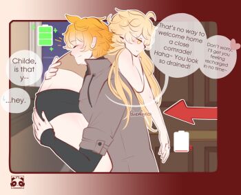 2boys aether_(genshin_impact) artist_name battery_indicator blonde_hair blush carrying carrying_over_shoulder carrying_person couch couple english_text genshin_impact height_difference highres long_hair multiple_boys nose_blush orange_hair pandagyoza short_hair smile tartaglia_(genshin_impact) yaoi