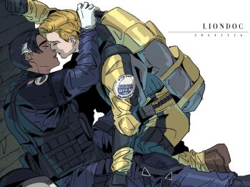 Rule 34 | 2boys, arm up, black gloves, black hair, blonde hair, blue jacket, blue pants, brown shoes, bulletproof vest, chinese commentary, commentary request, dark-skinned male, dark skin, dated, doc (rainbow six siege), english text, gloves, grey hair, imminent kiss, jacket, liizi lc, lion (rainbow six siege), long sleeves, male focus, multiple boys, open mouth, pants, parted hair, patch, rainbow six siege, shoes, shoulder patch, sitting, tactical clothes, white background, white gloves, yaoi, yellow jacket, yellow pants