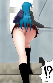 !? 1girl ass bag baru_(val-val) black_socks blue_hair boots cleft_of_venus female_focus from_behind from_below highres indoors kneehighs legs long_hair miniskirt no_panties pixiv_succubus pussy school school_bag school_uniform skirt socks solo stairs standing sweater text_focus thighs translated uncensored upskirt walking