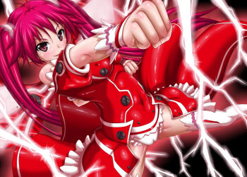 Rule 34 | 1girl, blush, cameltoe, long hair, looking at viewer, punching, red hair, smile, solo, tenrai (temple), thighhighs, twintails, vividred, vividred operation, wings