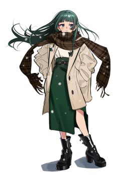 Rule 34 | 1girl, alternate costume, belt, black boots, blue eyes, blunt bangs, boots, brown coat, brown scarf, coat, commentary, contemporary, davoxime, english commentary, eyeshadow, floating hair, freckles, full body, green skirt, hands in pockets, high-waist skirt, highres, kusuriya no hitorigoto, long hair, long skirt, long sleeves, makeup, maomao (kusuriya no hitorigoto), parted lips, plaid clothes, plaid scarf, red eyeshadow, scarf, simple background, skirt, snow, solo, standing, white background