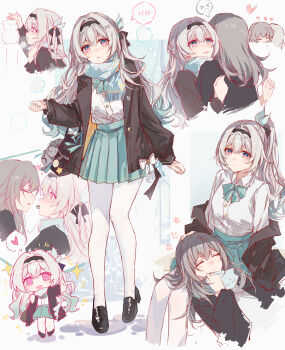Rule 34 | 2girls, absurdres, alternate costume, alternate hairstyle, aqua hair, aqua scarf, aqua skirt, bag, black bag, black jacket, black shoes, blush, chibi, closed eyes, closed mouth, commentary request, firefly (honkai: star rail), full body, gradient hair, grey hair, heart, high ponytail, highres, honkai: star rail, honkai (series), jacket, loafers, long sleeves, looking at another, looking at viewer, lying on lap, multicolored hair, multiple girls, multiple views, open clothes, open jacket, pantyhose, parted lips, ponytail, scarf, school bag, school uniform, shirt, shoes, simple background, skirt, smile, spoken blush, spoken expression, standing, stelle (honkai: star rail), trailblazer (honkai: star rail), white pantyhose, white shirt, winter clothes, yajuu