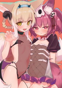 2girls alternate_costume animal_ears arknights blonde_hair blue_hairband blush bone breasts claw_pose cowboy_shot demon_wings fox_ears frown green_eyes hair_ornament hair_rings hairband halloween halloween_costume heart heart-shaped_pupils highres infection_monitor_(arknights) loli looking_at_viewer low_wings multiple_girls open_mouth paid_reward_available pink_eyes pink_hair revealing_clothes shamare_(arknights) shrug_(clothing) side-by-side single_hair_ring skull_hair_ornament small_breasts smile spiked_hairband spikes suzuran_(arknights) symbol-shaped_pupils v-shaped_eyebrows wings yakurope-moko