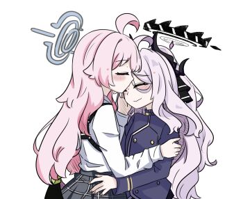 Rule 34 | 2girls, ahoge, black halo, black horns, black skirt, black wings, blue archive, blue halo, blue jacket, blush, buttons, closed eyes, closed mouth, commentary request, demon girl, demon horns, demon wings, double-breasted, e v e neko, halo, highres, hina (blue archive), horns, hoshino (blue archive), jacket, kiss, kissing forehead, long hair, long sleeves, miniskirt, multiple girls, pink hair, plaid clothes, plaid skirt, purple hair, shirt, simple background, skirt, very long hair, wavy hair, white background, white shirt, wings, yuri