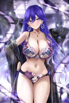 1girl alternate_costume blue_eyes blue_hair bra breasts cleavage commentary cowboy_shot earrings embroidered_bra embroidered_panties grin hair_between_eyes hand_on_own_hip highres hoop_earrings jewelry large_breasts long_hair looking_at_viewer lucilla_(wuthering_waves) m_(1n910) mole mole_under_eye navel necklace paid_reward_available panties pendant purple_bra purple_panties smile solo stomach underwear underwear_only very_long_hair wuthering_waves