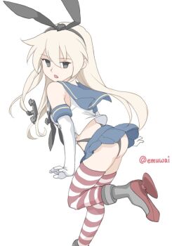 1girl anchor_hair_ornament ass black_hairband black_neckerchief black_panties blonde_hair blue_sailor_collar blue_skirt commentary_request crop_top elbow_gloves emuwai from_behind gloves grey_eyes hair_ornament hairband highleg highleg_panties kantai_collection long_hair looking_at_viewer microskirt miniskirt neckerchief one-hour_drawing_challenge panties pleated_skirt rudder_footwear sailor_collar shimakaze_(kancolle) shirt simple_background skirt sleeveless sleeveless_shirt solo striped_clothes striped_thighhighs thighhighs twitter_username underwear white_background white_gloves