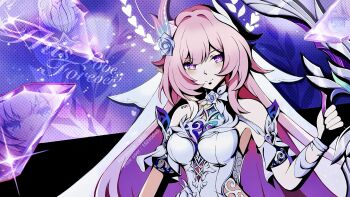 1girl bare_shoulders bow_(weapon) breasts bridal_veil clothing_cutout commentary crystal_shards cyrene_(honkai:_star_rail) cyrene_(ripples_of_past_reverie)_(honkai:_star_rail) diamond-shaped_pupils diamond_(shape) dress eiji_nochi english_commentary flower hair_flower hair_ornament halo highres holding holding_bow_(weapon) holding_weapon honkai:_star_rail honkai_(series) large_breasts long_hair looking_at_viewer multicolored_hair persona persona_5 pink_hair pixiv_id purple_eyes side_cutout smile solo symbol-shaped_pupils two-tone_hair veil very_long_hair weapon white_dress white_hair white_veil